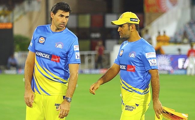 Chennai Super Kings captain MS Dhoni (right) with coach Stephen Fleming