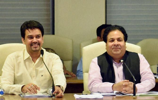 IPL GC chairman Rajeev Shukla, right, with BCCI secretary Anurag Thakur