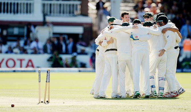 Australia celebrate after winning the second Ashes Test at Lord's on Sunday
