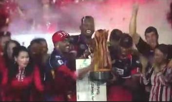 A video grab of Trinidad and Tobago Red Steel players celebrating with the Caribbean Premier League trophy on Sunday