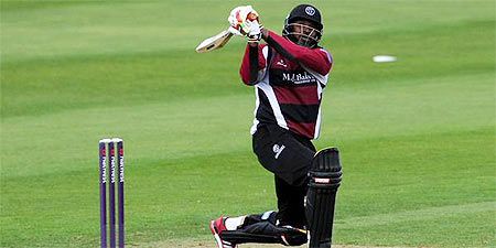 Somerset's Chris Gayle plays a lofted shot against Kent on Sunday