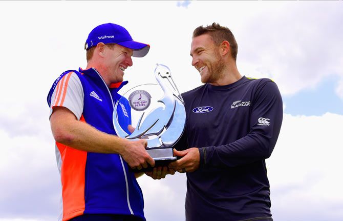 England captain Eoin Morgan (left) and New Zealand captain Brendon McCullum with the Royal London One-day series trophy ahead of Tuesday's opening match at Edgbaston