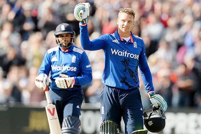 England's Jos Buttler celebrates his century against New Zealand in their first One-Day International at Edgbaston in Birmingham on Tuesday