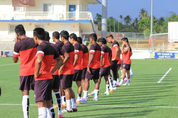 The Indian football team ready themselves before a training session at the Guam national stadium on Sunday