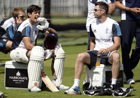 James Anderson and Alastair Cook during a training session