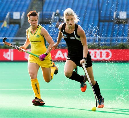 Australia and New Zealand players in action during their World Hockey League Semifinal pool match on Thursday