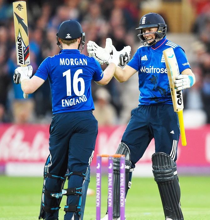 England's Eoin Morgan (left) is congratulated by Joe Root after winning their 4th ODI against New Zealand last week