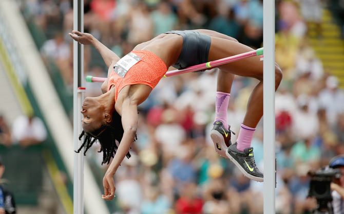 Chaunte Lowe clears the bar during her victory in the Womens High Jump on Day 4 of the 2015 USA Outdoor Track & Field Championships at Hayward Field in Eugene, Oregon on June 28