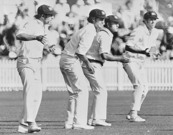 Australian cricketers (left to right) Ian Chapell, Greg Chappell, Doug Walters and Rick McCosker field in the slip cordon