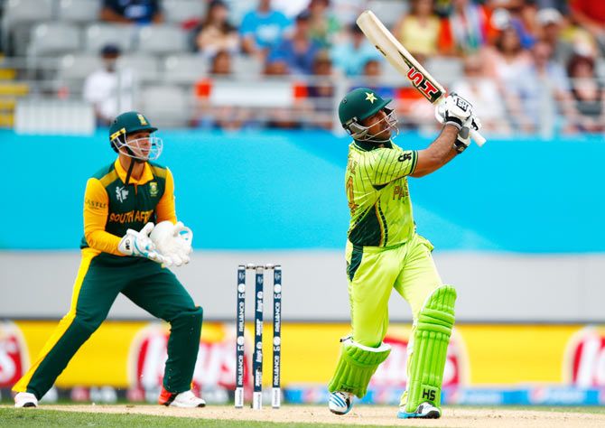 Pakistan's Sarfraz Ahmed plays a shot during the 2015 ICC World Cup match against South Africa at Eden Park in Auckland on Saturday