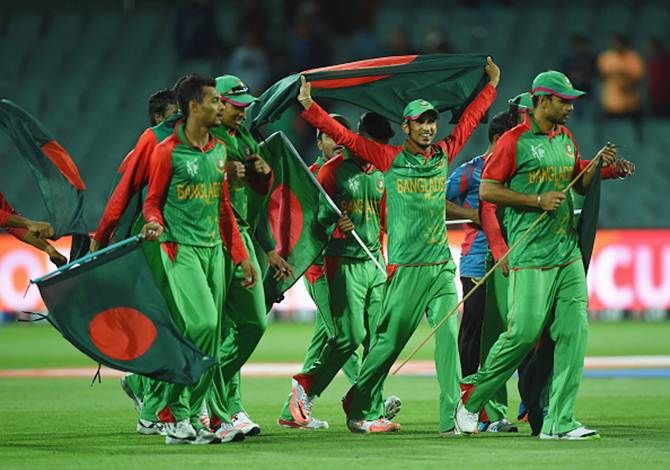 Bangladesh players celebrate after beating England in the 2015 World Cup at the Adelaide Oval on March 9. Photograph: Shaun Botterill/Getty Images