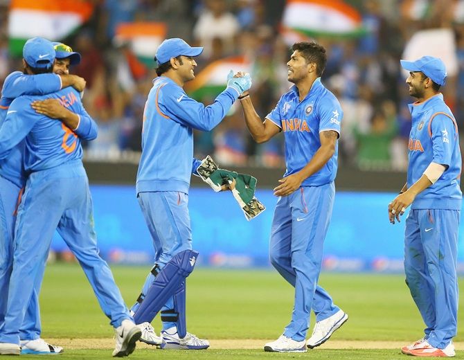 Indian team players celebrate, after they beat Bangladesh at the 2015 ICC Cricket World   Cup