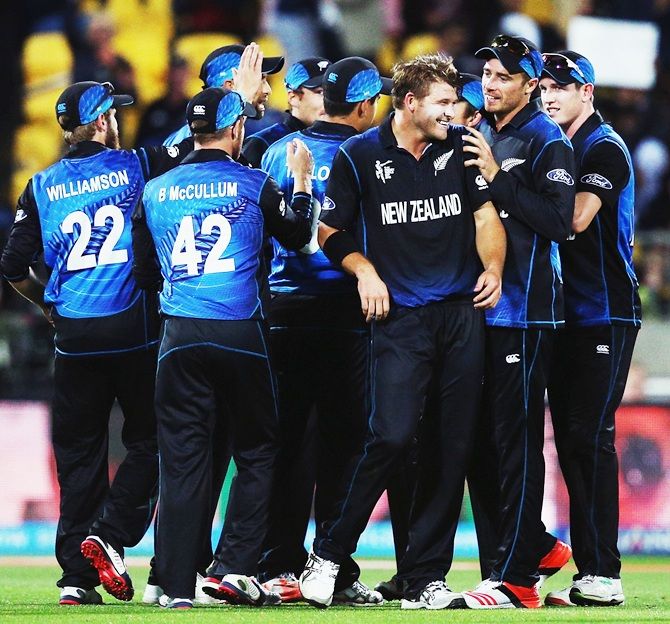 The New Zealand team during its game against the West Indies in last year's World Cup at Wellington. Photograph: Hannah Peters/Getty Images