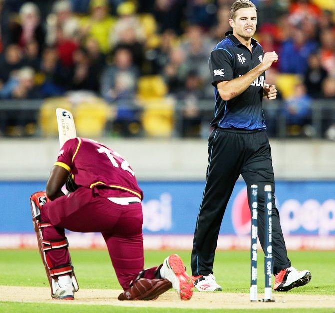 Tim Southee of New Zealand looks on after dismissing Andre Russell of the West Indies 