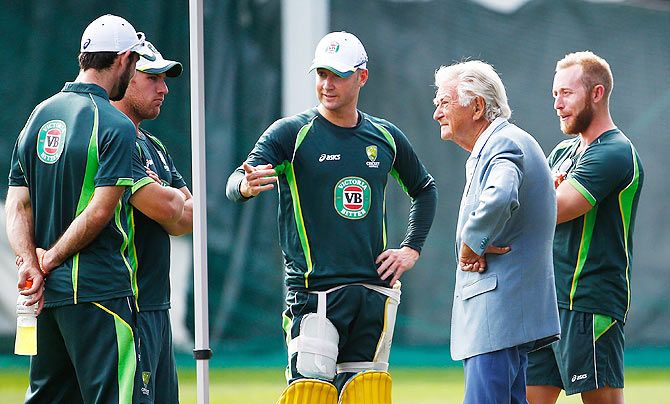 Former Prime Minister of Australia Bob Hawke talks to Australia cricket captain Michael Clarke during an Australia nets session at Sydney Cricket Ground on Monday