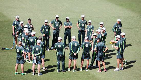 The Australian team during a practice session at the Sydney Cricket Ground on Monday