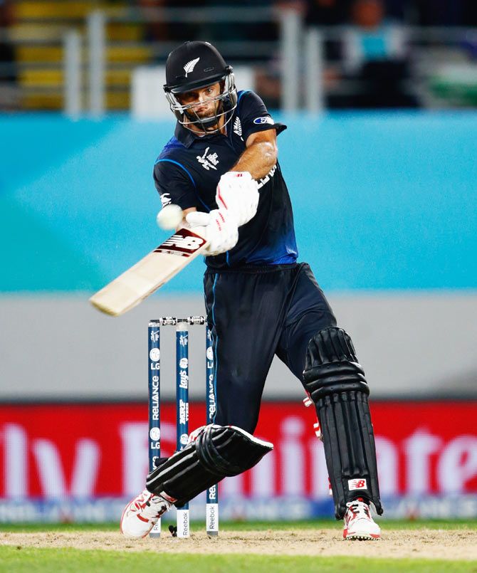 Grant Elliott of New Zealand hits the winning runs against South Africa during the 2015 ICC World Cup semi-final at Eden Park in Auckland on Tuesday
