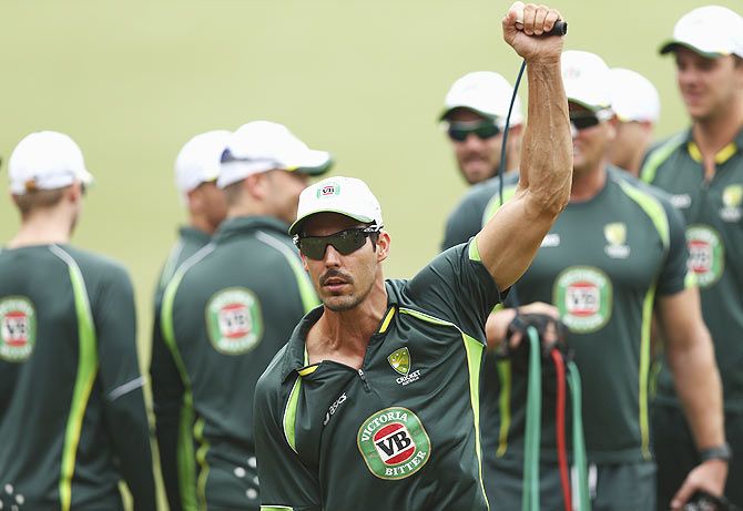 Mitchell Johnson of Australia warms up during a nets session at Sydney Cricket Ground on Tuesday