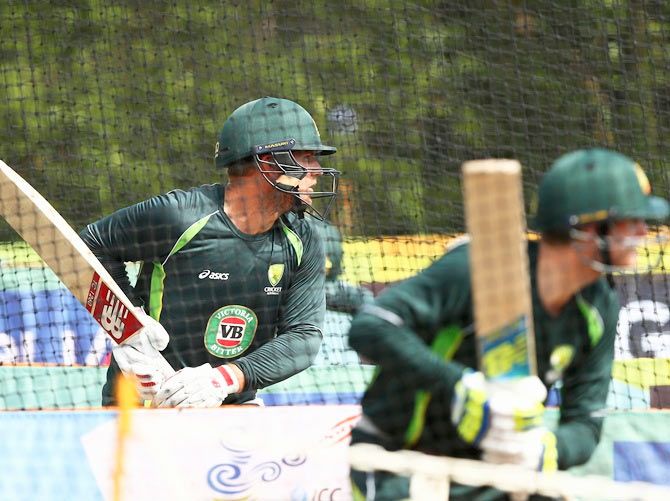 Aaron Finch of Australia bats during an Australian nets session