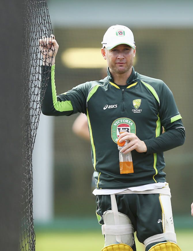Australia's Michael Clarke takes a break during a nets session at the Sydney Cricket Ground on Wednesday