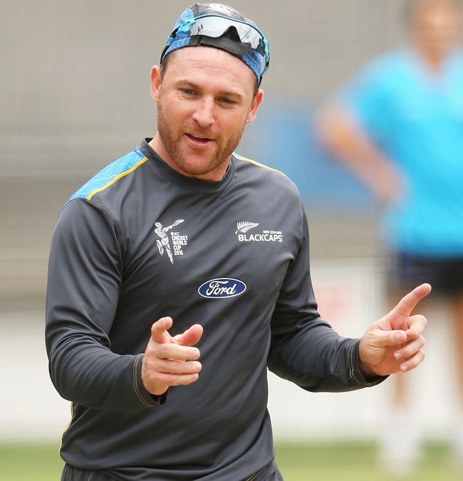 Brendon McCullum of New Zealand reacts