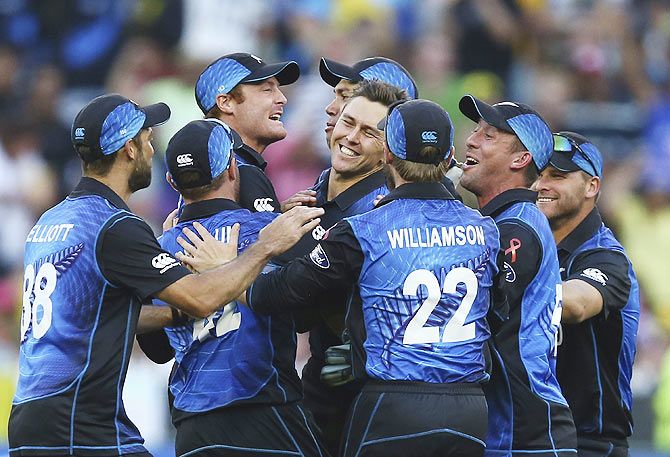 Trent Boult of New Zealand celebrates the wicket of Aaron Finch of Australia during the 2015 ICC World Cup final on Sunday
