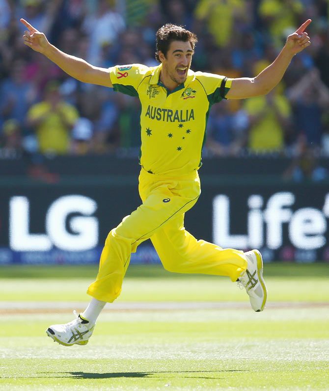 Australia's Mitchell Starc celebrates taking the wicket of New Zealand's Brendon McCullum during the 2015 ICC World Cup final at Melbourne Cricket Ground on Sunday