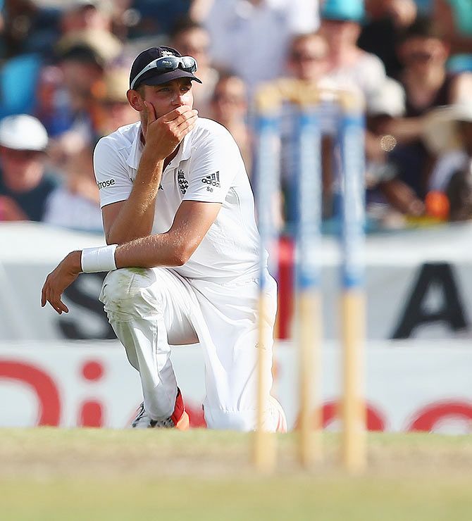 Stuart Broad of England looks on in frustration as the Windies batsmen scored to eventually beat the target and win the Test