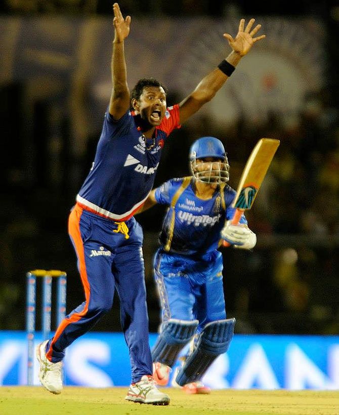Angelo Mathews of Delhi Daredevils appeals unsuccessfully for the wicket of Ajinkya Rahane of Rajasthan Royals during their Indian Premier League match on Sunday