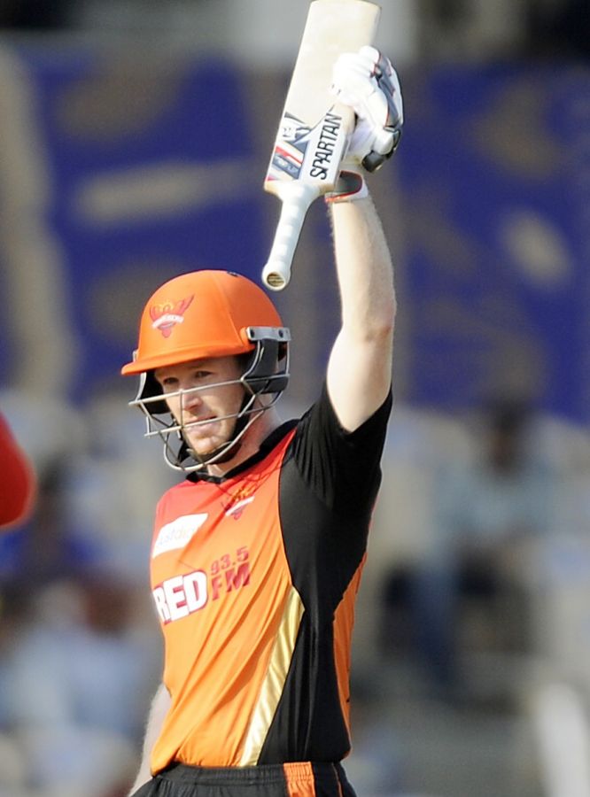 Eoin Morgan celebrates his half-century for the Sunrisers Hyderabad against the Rajasthan Royals, May 7, 2015. Photograph: BCCI