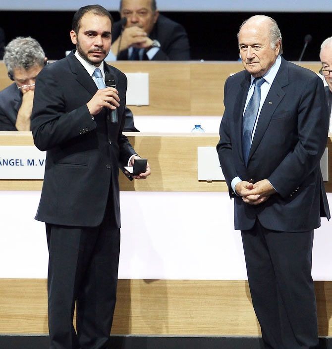 FIFA Presidential candidate, Prince Ali Bin Al Hussein (left), with FIFA President Joseph Blatter