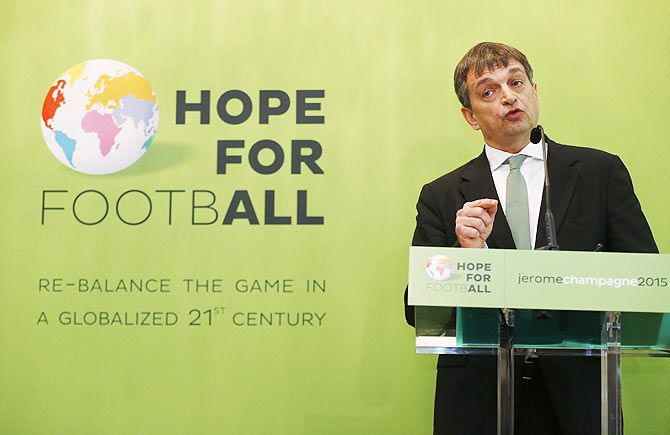 Jerome Champagne speaks during a news conference