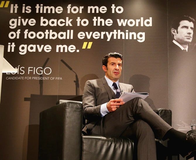 Luis Figo talks to the media as he launches his FIFA Presidential Campaign Manifesto