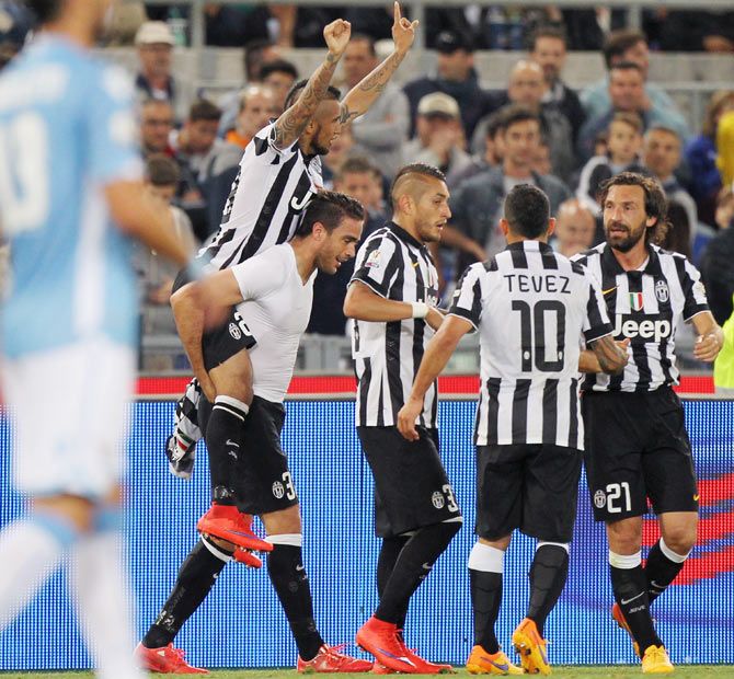 Alessandro Matri (left) celebrats with his Juventus FC teammates after scoring the winner