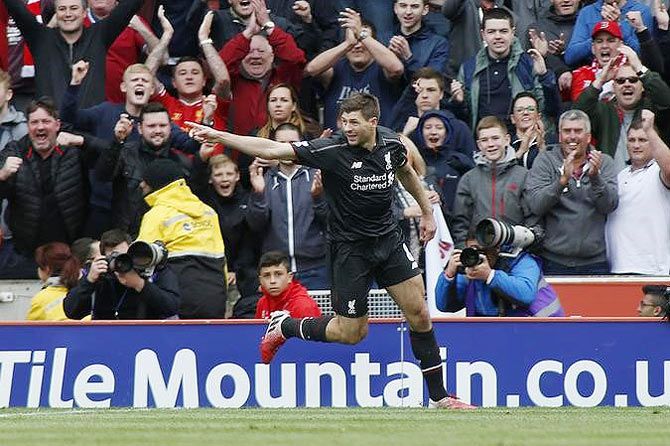 Liverpool's Steven Gerrard celebrates after scoring their first goal