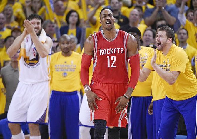 Houston Rockets center Dwight Howard (12) reacts during the game against the Golden State Warriors in game five of the Western Conference Finals of the NBA Playoffs. at Oracle Arena, in Oakland, California on Wednesday