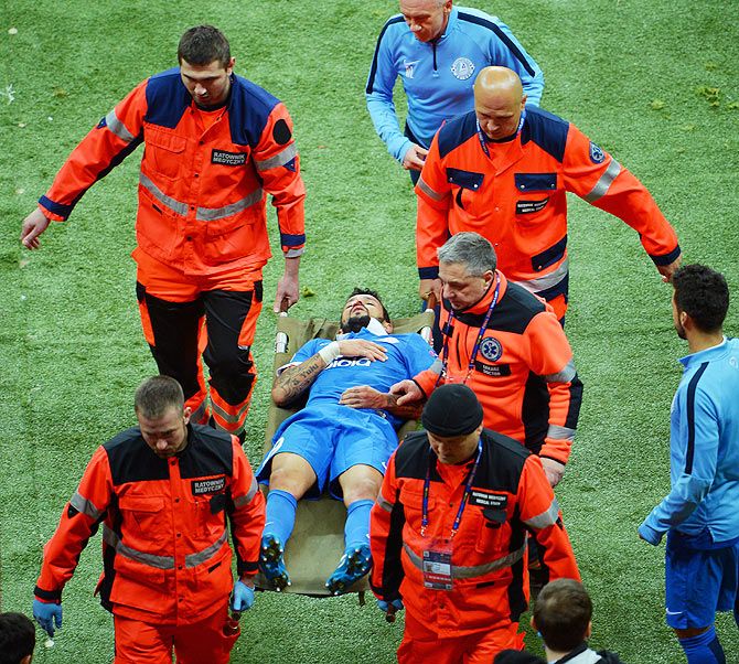 Dnipro's Matheus is a stretchered out after an on-field injury