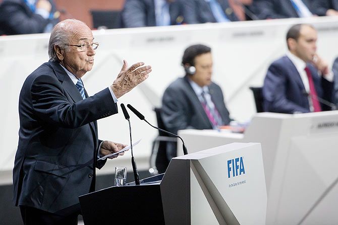 FIFA President Joseph S. Blatter speaks during the 65th FIFA Congress at Hallenstadion in Zurich, Switzerland, on Friday