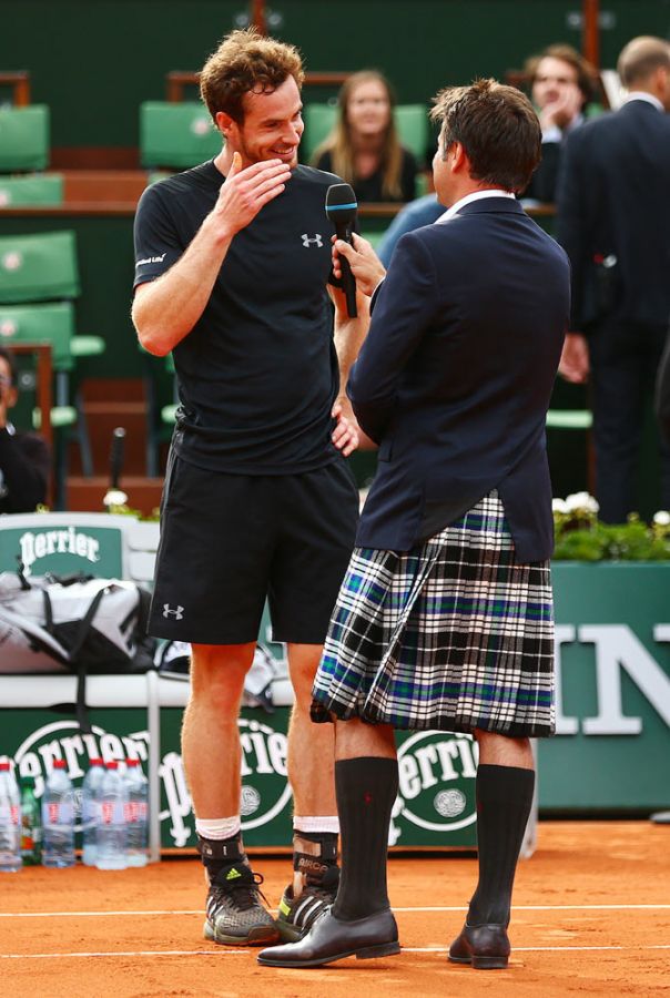 Great Britain's Andy Murray is interviewed by Fabrice Santoro after victory over Portugal's Joao Sousa on Thursday