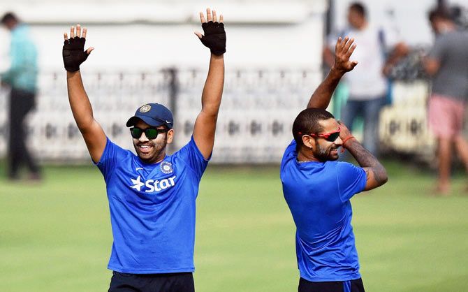India's Rohit Sharma and Shikhar Dhawan at a practice session on Tuesday