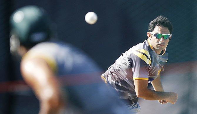 Pakistan's Saeed Ajmal bowls during a practice session