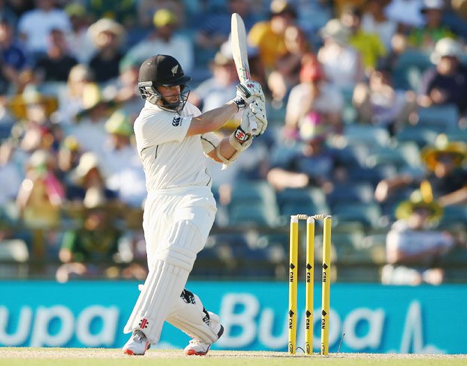 New Zealand's Kane Williamson  bats during day two of the second Test match against Australia at the WACA in Perth, on Saturday