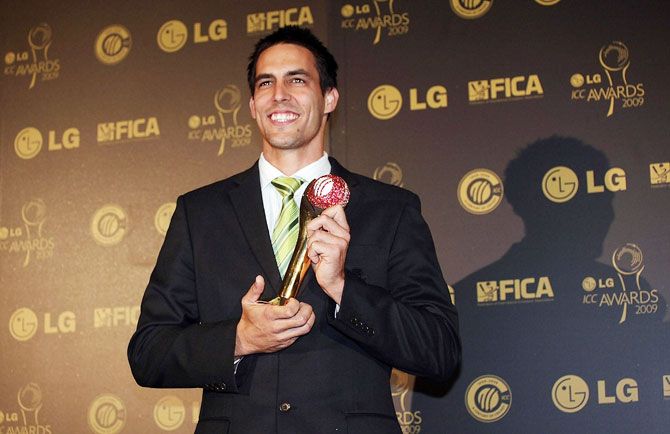 Mitchell Johnson with the ICC Cricketer Of The year award at The ICC Awards 2009 held at The Sandton Convention Centre in Johannesburg on October 1, 2009