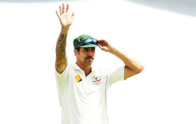Australia's Mitchell Johnson waves to family and friends on Day 5 of the second Test match between Australia and New Zealand at WACA in Perth on Tuesday