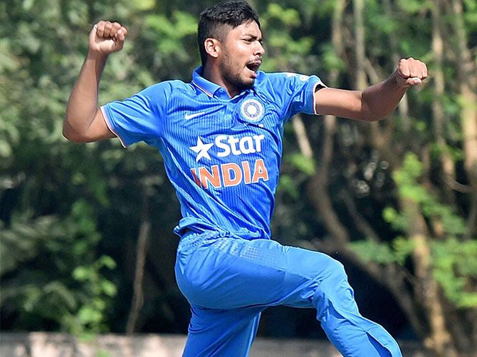 : India Under-19 bowler Avesh Khan celebrates a wicket
