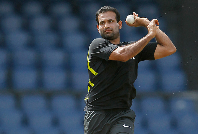 India's Irfan Pathan bowls during a practice session
