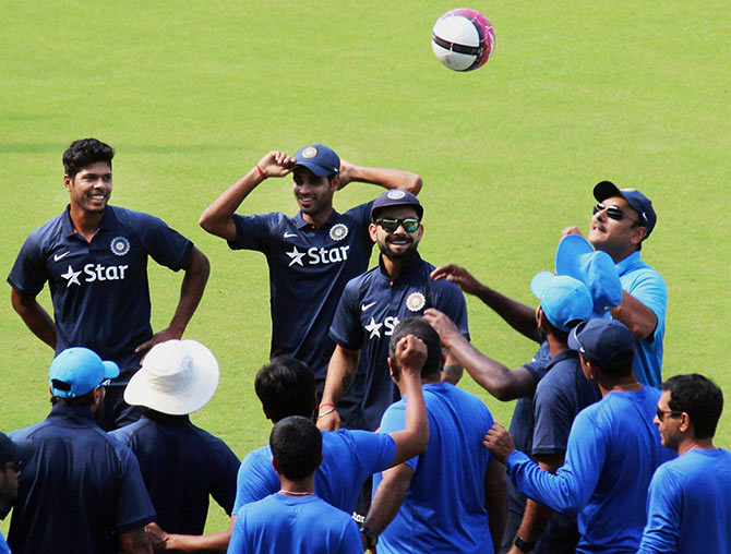 Team India Director Ravi Shastri, skipper Virat Kohli and other players at a practice session in Nagpur 