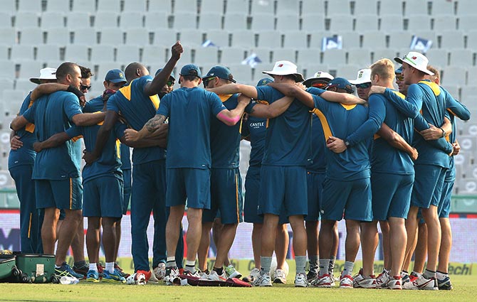 South Africa team huddle during a training session 