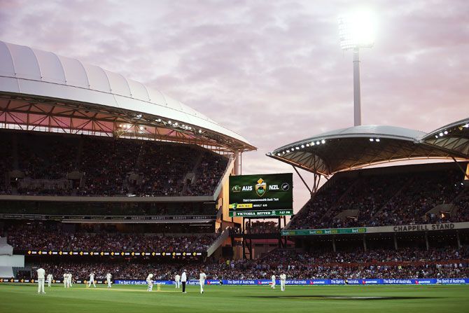 A general view of play under lights on the first day of third Test, between Australia and New Zealand, the first ever day-night Test, at Adelaide Oval on Friday
