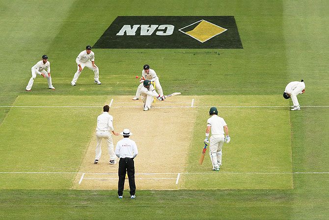 Nathan Lyon of Australia attempts a sweep during day two of the Third Test match between Australia and New Zealand at Adelaide Oval on November 28, 2015 in Adelaide, Australia